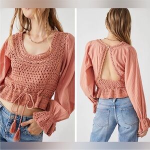 Free People Crochet Blouse in Soft Coral